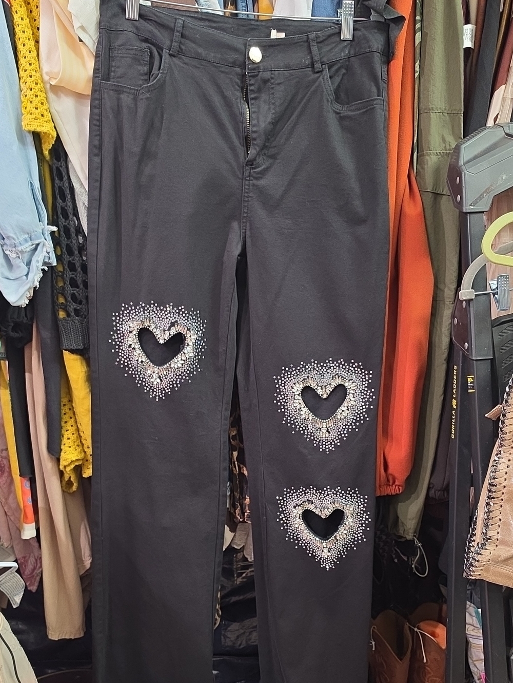 Black Women’s Jeans with Heart Cutouts and Rhinestone Detail